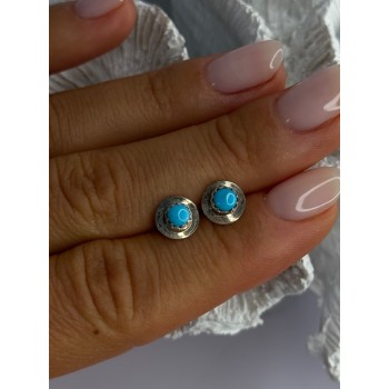 925 Sterling Silver Turquoise Stud Earrings Length 0.30 Inch