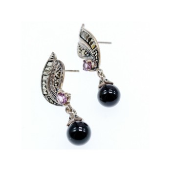 925 Sterling Silver Nephrite, Amethyst & Marcasites Earrings