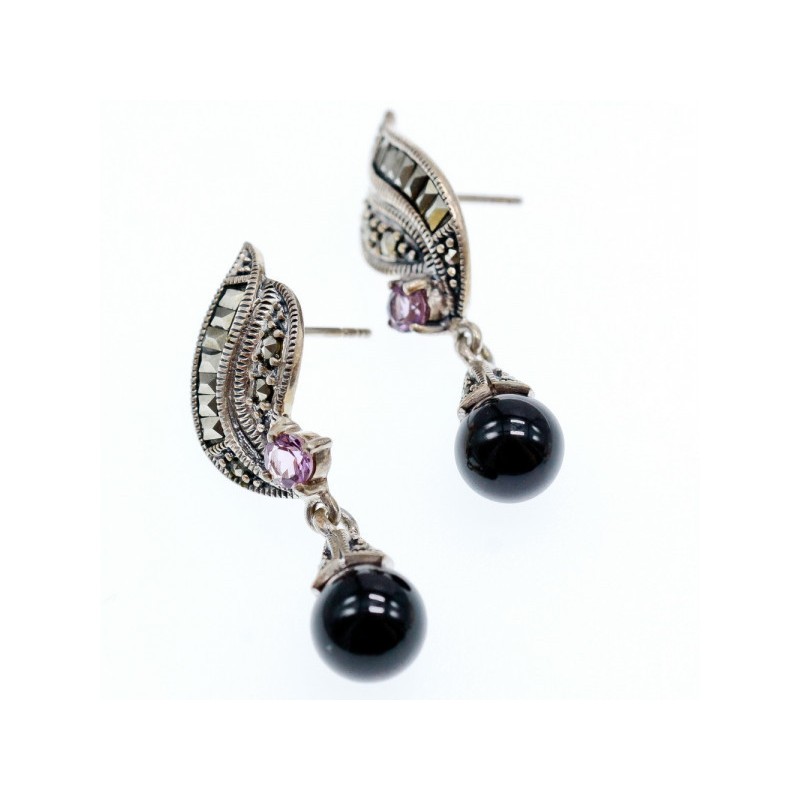 925 Sterling Silver Nephrite, Amethyst & Marcasites Earrings