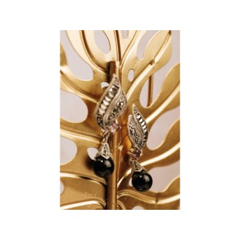 925 Sterling Silver Nephrite, Amethyst & Marcasites Earrings