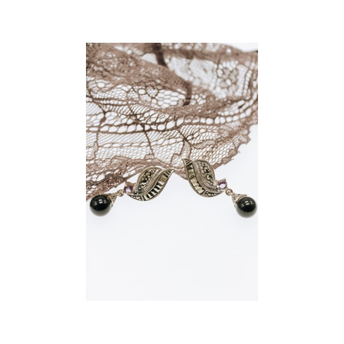 925 Sterling Silver Nephrite, Amethyst & Marcasites Earrings