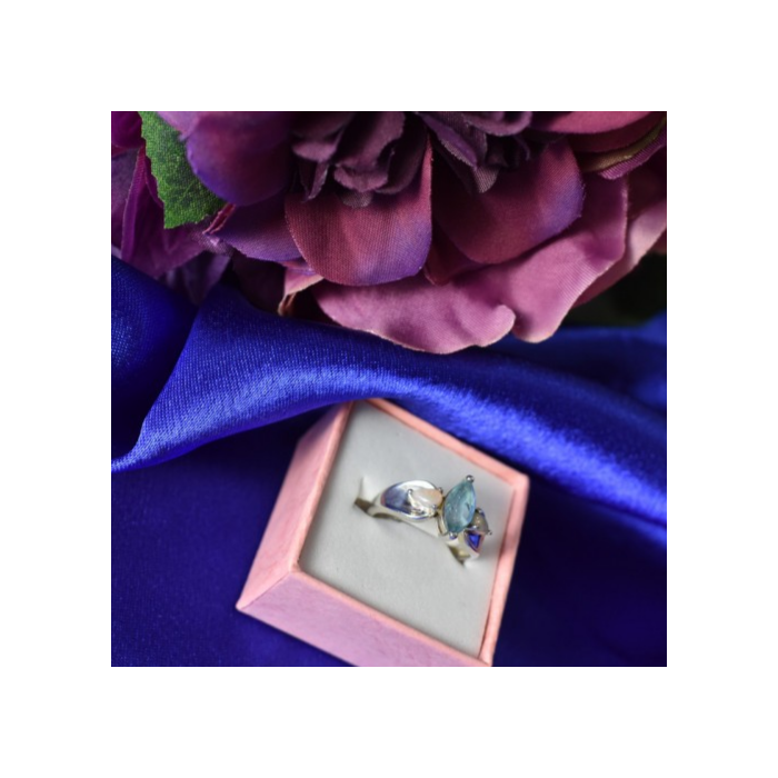 925 Sterling Silver Blue Topaz & Opal Ring Size 6.5
