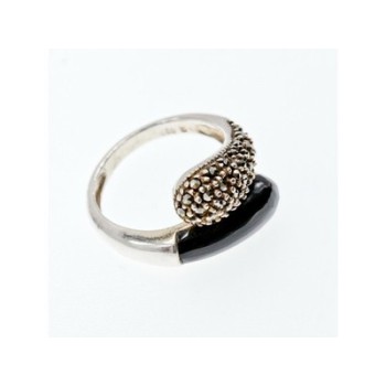 925 Sterling Silver Black Onyx & Marcasites Ring Size 9