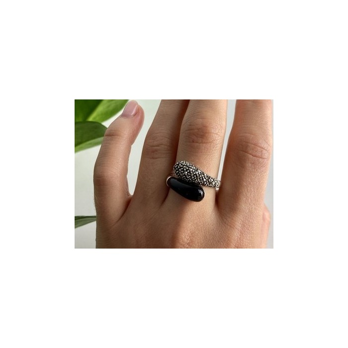 925 Sterling Silver Black Onyx & Marcasites Ring Size 9