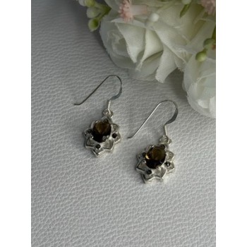 925 Sterling Silver Hessonite & Marcasite Earrings Length 1.10 Inch