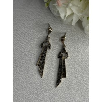 Elegant 925 Sterling Silver Marcasite Earrings Length 1.80 Inch