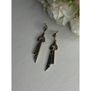 Elegant 925 Sterling Silver Marcasite Earrings Length 1.80 Inch