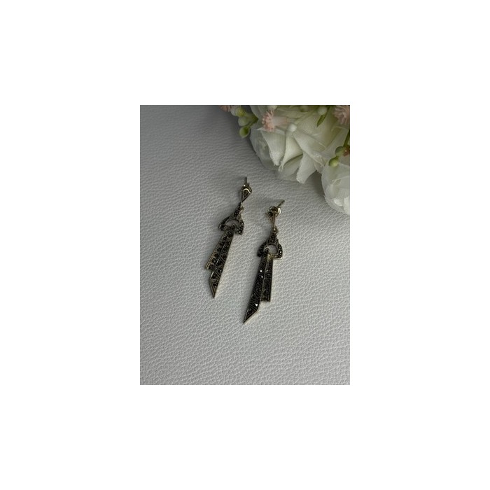 Elegant 925 Sterling Silver Marcasite Earrings Length 1.80 Inch