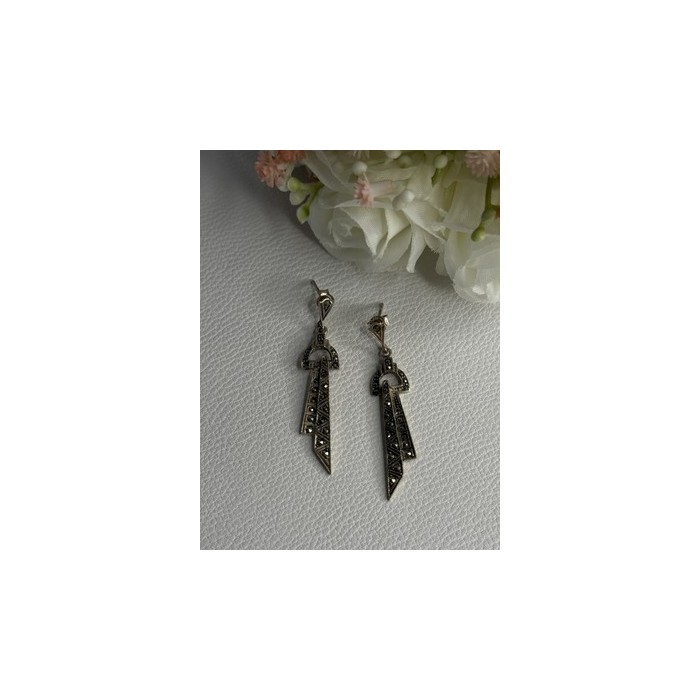 Elegant 925 Sterling Silver Marcasite Earrings Length 1.80 Inch