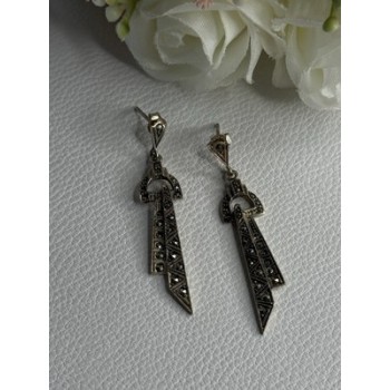 Elegant 925 Sterling Silver Marcasite Earrings Length 1.80 Inch
