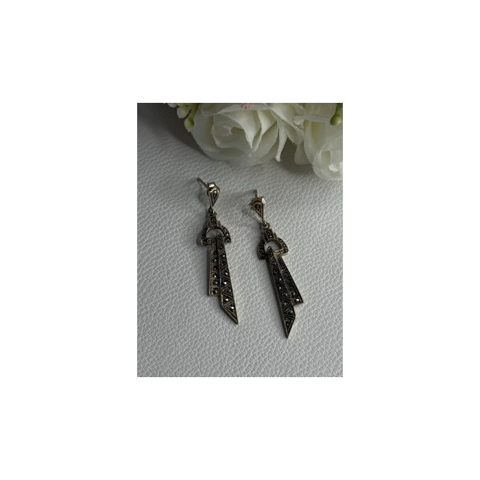 Elegant 925 Sterling Silver Marcasite Earrings Length 1.80 Inch