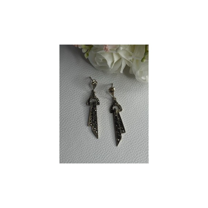 Elegant 925 Sterling Silver Marcasite Earrings Length 1.80 Inch