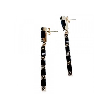 925 Sterling Silver Black Nephrite & Marcasites Earrings