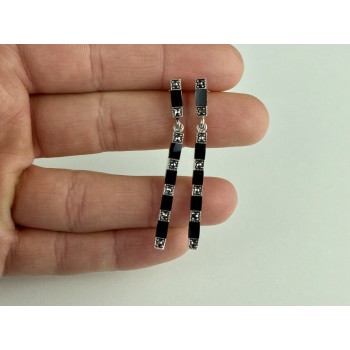 925 Sterling Silver Black Nephrite & Marcasites Earrings