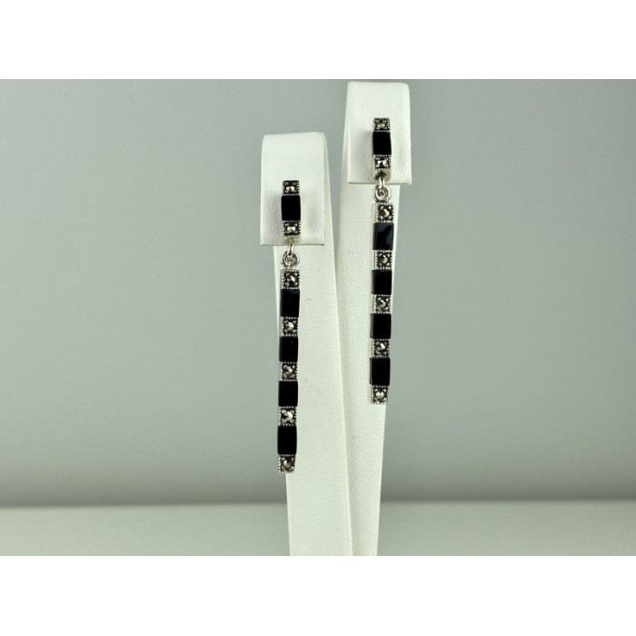 925 Sterling Silver Black Nephrite & Marcasites Earrings
