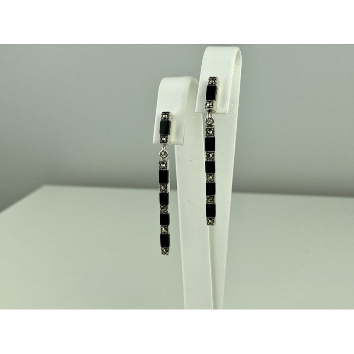 925 Sterling Silver Black Nephrite & Marcasites Earrings