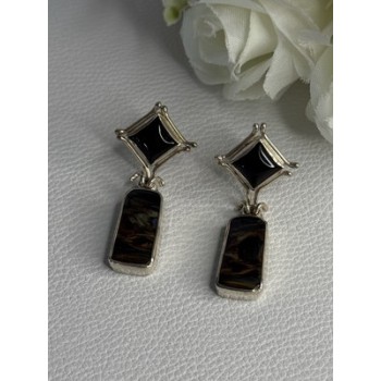 925 Sterling Silver Abalone & Onyx Earrings Length 1.50 Inch