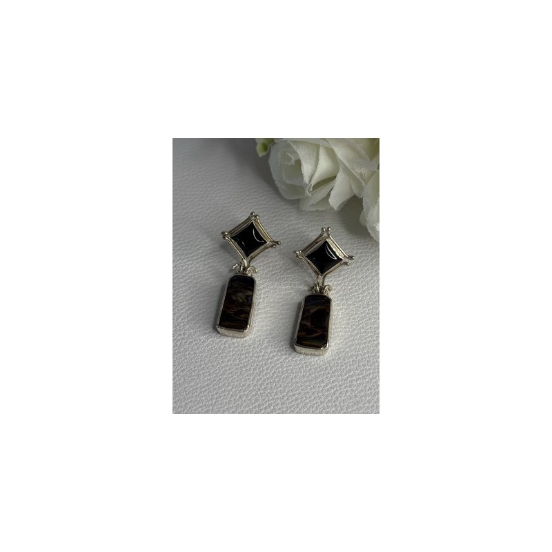 925 Sterling Silver Abalone & Onyx Earrings Length 1.50 Inch