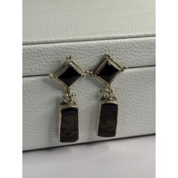 925 Sterling Silver Abalone & Onyx Earrings Length 1.50 Inch