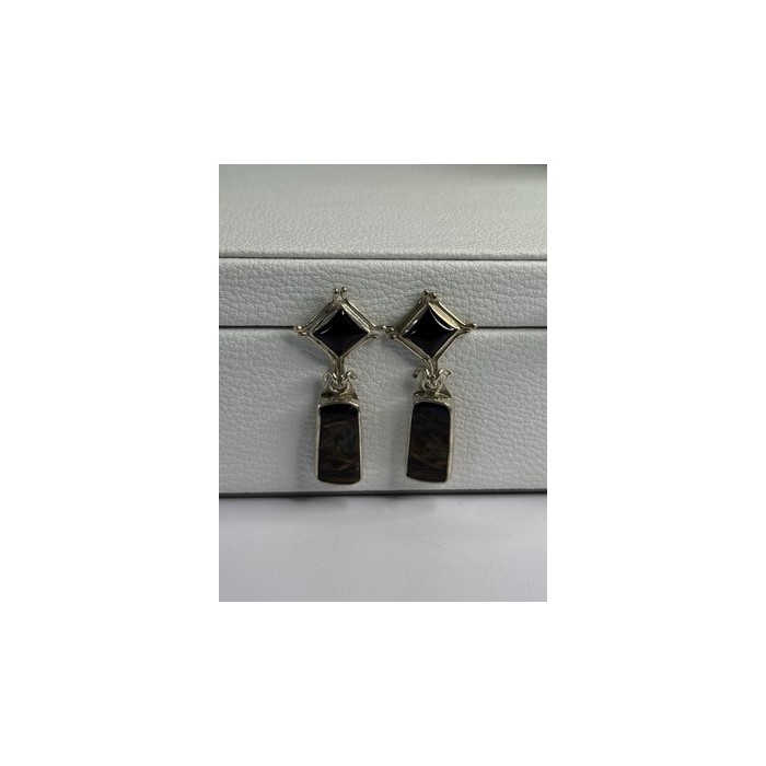 925 Sterling Silver Abalone & Onyx Earrings Length 1.50 Inch