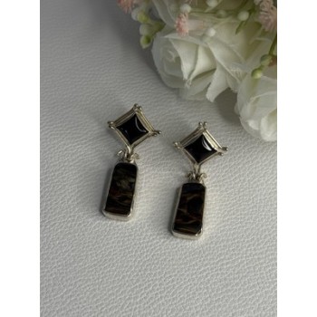 925 Sterling Silver Abalone & Onyx Earrings Length 1.50 Inch