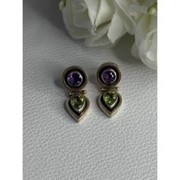 925 Sterling Silver Amethyst & Peridot Earrings Length 1 Inch