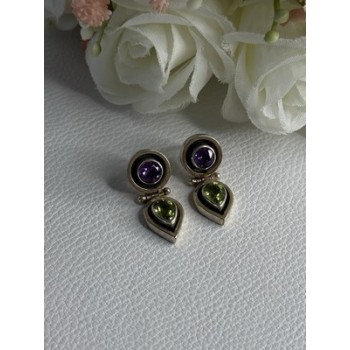 925 Sterling Silver Amethyst & Peridot Earrings Length 1 Inch