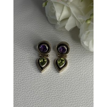 925 Sterling Silver Amethyst & Peridot Earrings Length 1 Inch