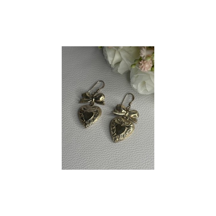 Vintage 925 Sterling Silver Heart Earrings Length 1.70 Inch