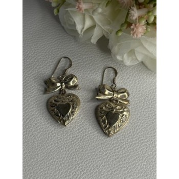 Vintage 925 Sterling Silver Heart Earrings Length 1.70 Inch