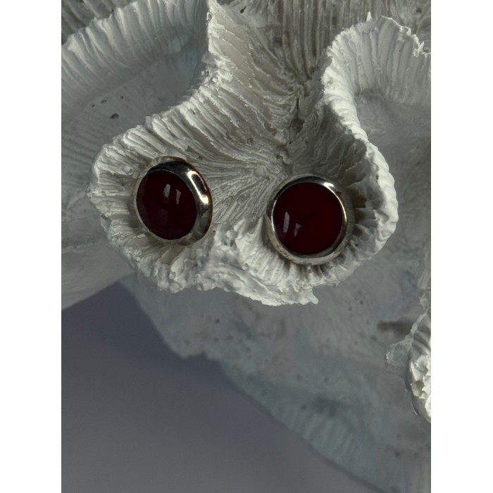 925 Sterling Silver Carnelian Round Stud Earrings Length 0.50 Inch
