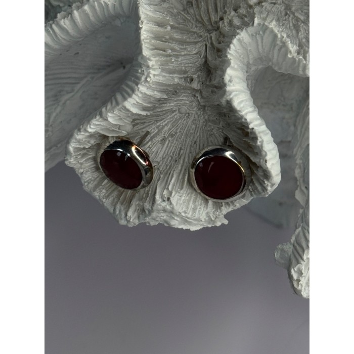 925 Sterling Silver Carnelian Round Stud Earrings Length 0.50 Inch