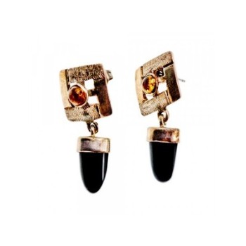 925 Sterling Silver Black Agate & Amber Earrings