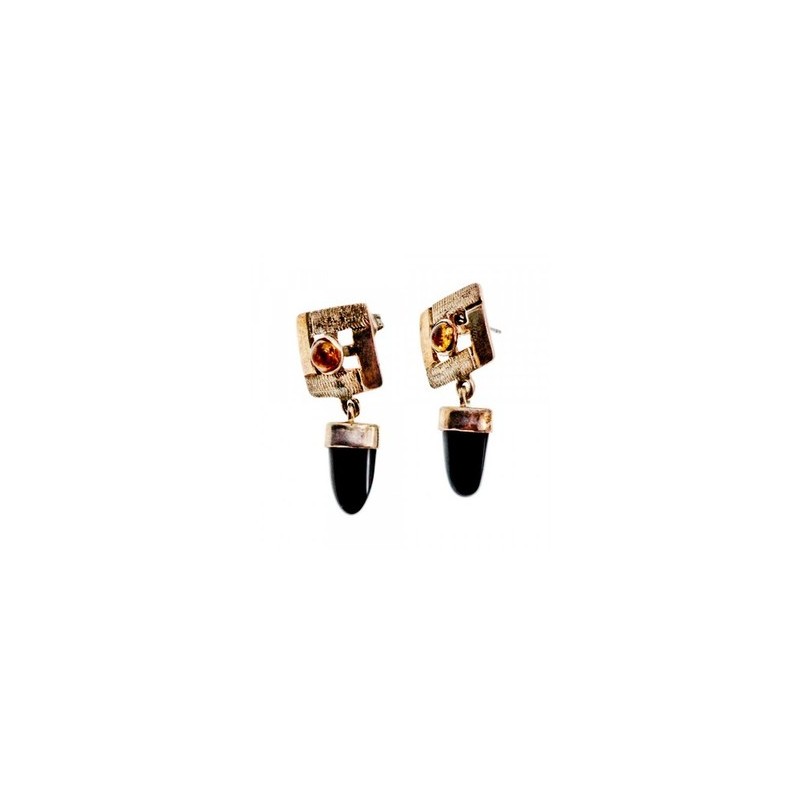 925 Sterling Silver Black Agate & Amber Earrings