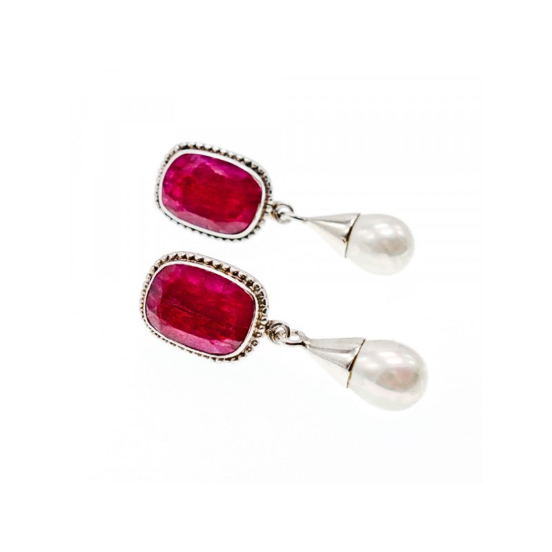 VINTAGE 925 STERLING SILVER RUBY & PEARLS STUD EARRINGS