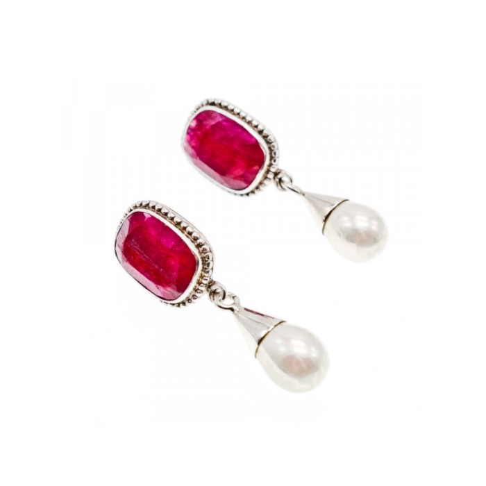VINTAGE 925 STERLING SILVER RUBY & PEARLS STUD EARRINGS