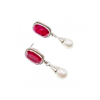 VINTAGE 925 STERLING SILVER RUBY & PEARLS STUD EARRINGS