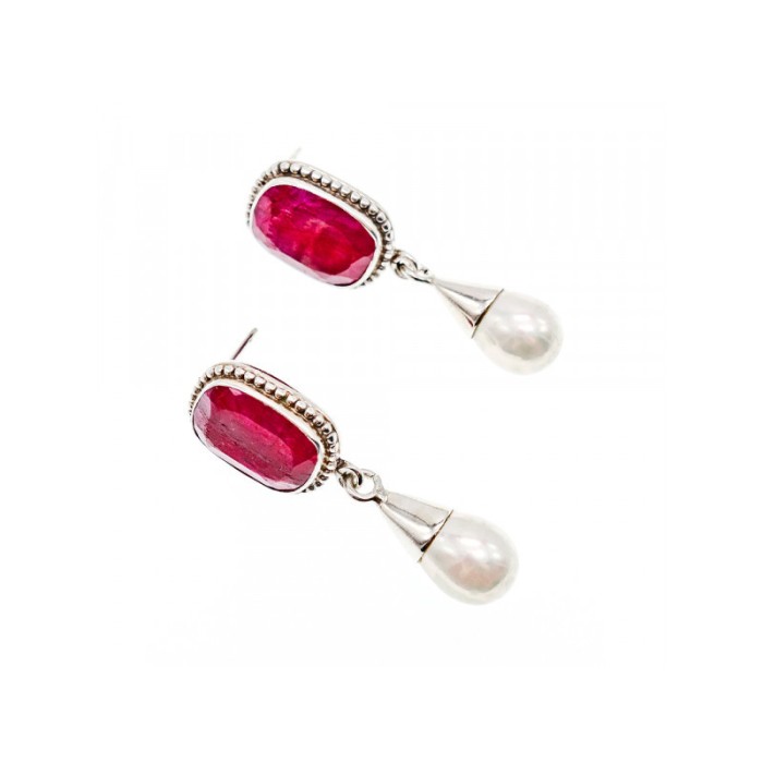 VINTAGE 925 STERLING SILVER RUBY & PEARLS STUD EARRINGS