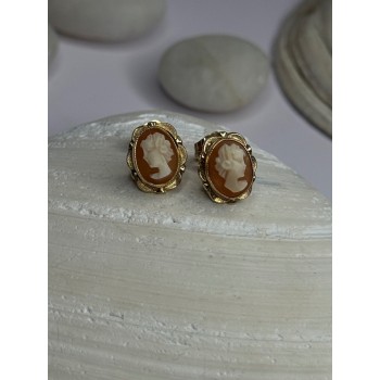 10K Yellow Gold Cameo Stud Earrings Length 0.40 inch