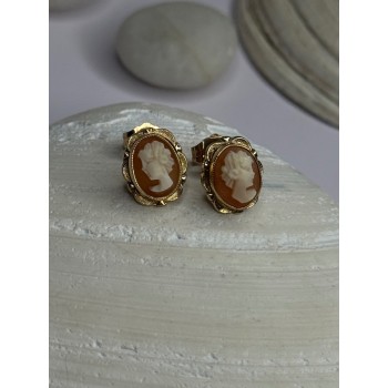 10K Yellow Gold Cameo Stud Earrings Length 0.40 inch