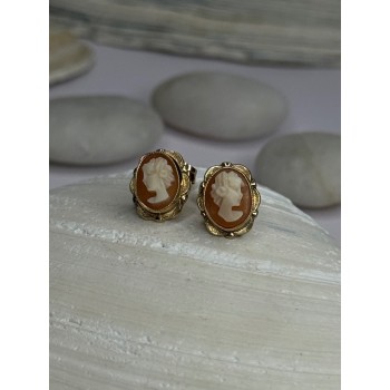 10K Yellow Gold Cameo Stud Earrings Length 0.40 inch