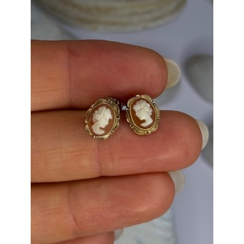 10K Yellow Gold Cameo Stud Earrings Length 0.40 inch