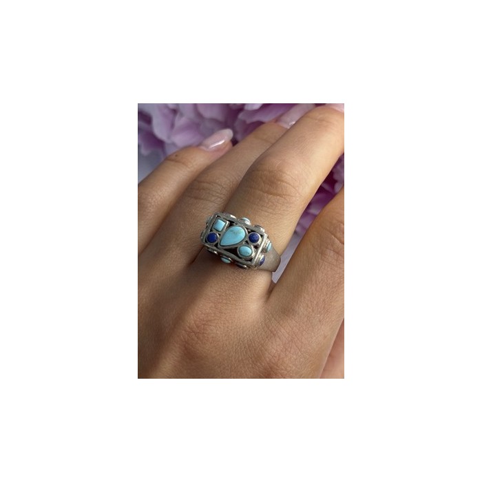 925 Sterling Silver Turquoise & Sodalite Ring Size 7.5