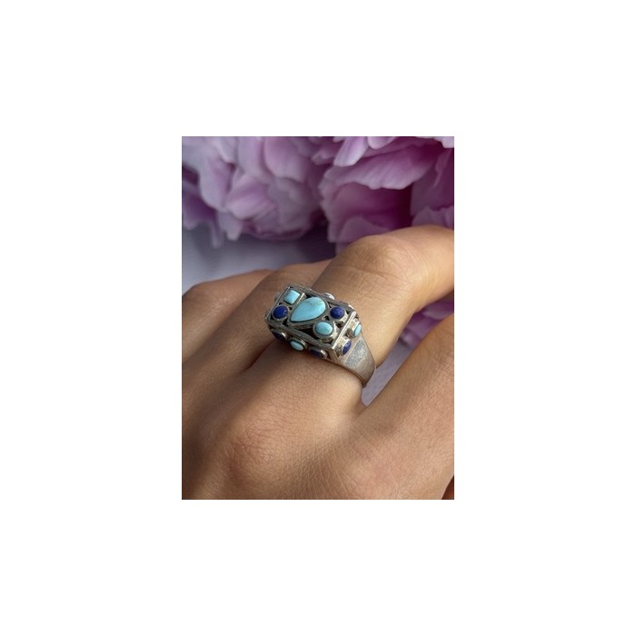 925 Sterling Silver Turquoise & Sodalite Ring Size 7.5
