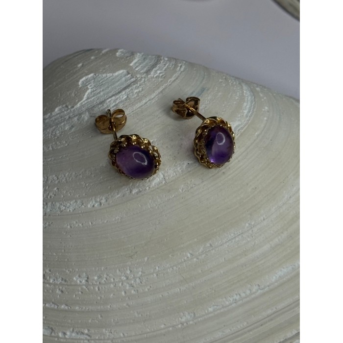14K Yellow Gold Amethyst Stud Earrings Length 0.40 inch