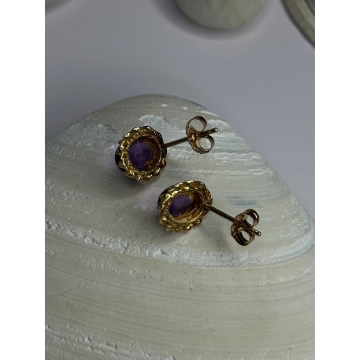 14K Yellow Gold Amethyst Stud Earrings Length 0.40 inch