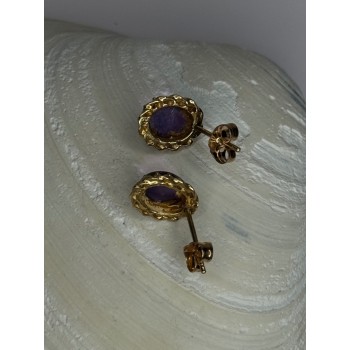 14K Yellow Gold Amethyst Stud Earrings Length 0.40 inch