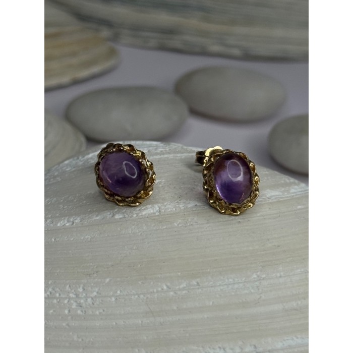 14K Yellow Gold Amethyst Stud Earrings Length 0.40 inch