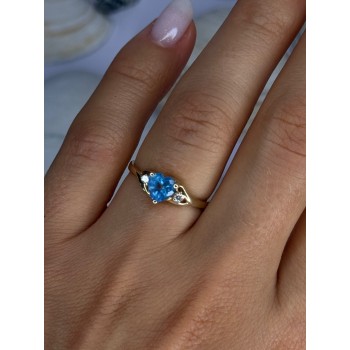 10K Yellow Gold Blue Topaz Heart & Diamonds Ring Size 7