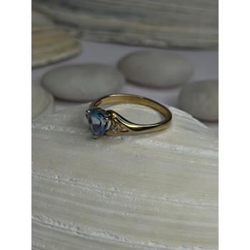 10K Yellow Gold Blue Topaz Heart & Diamonds Ring Size 7